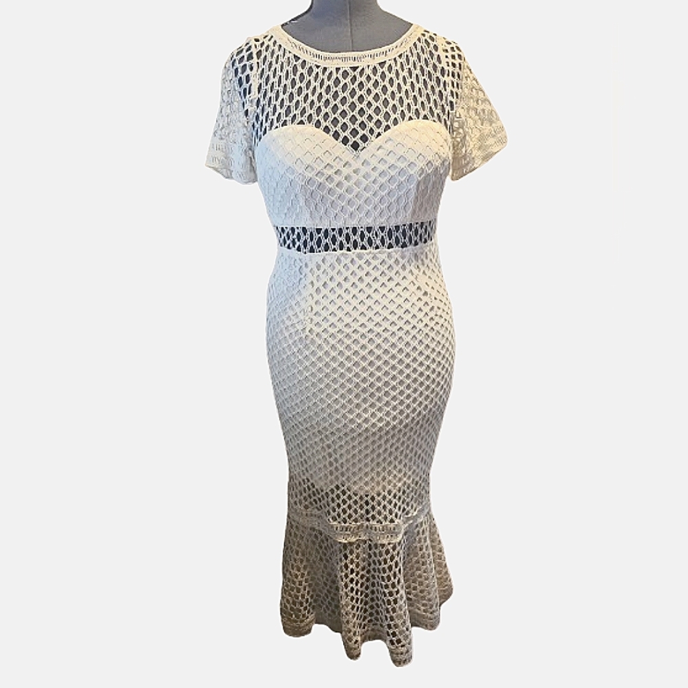 Vintage White Eyelet Crochet, Short Sleeved Midi Dress, L